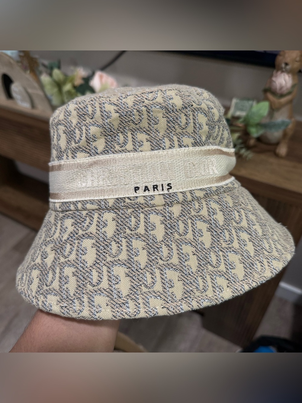 Beige & Navy Logo Bucket Hat